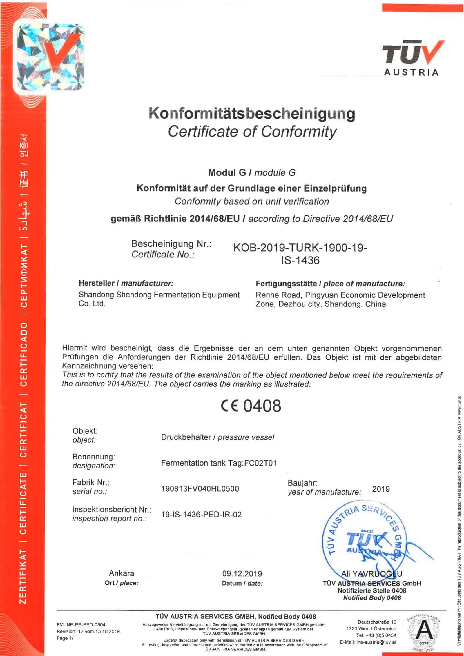 TÜV Conformity Certificate